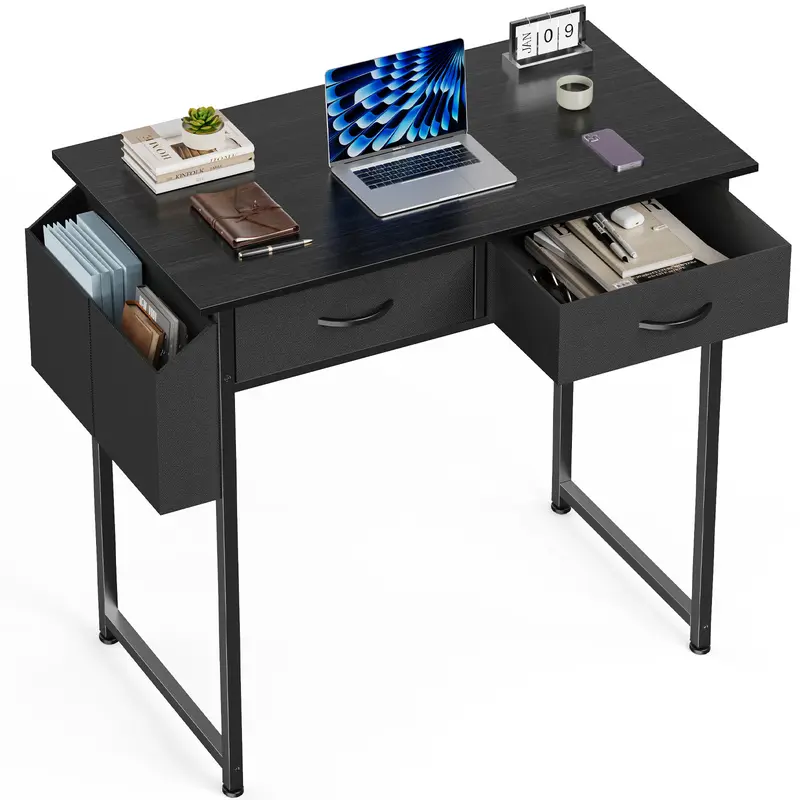 Modern Home Office Workstation Computer Desk with Multiple Drawers, Storage Bag, Headphone Hook, Adjustable Legs for Home Office Small Spaces