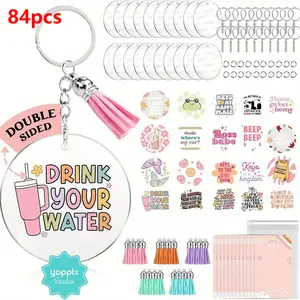 [2D Flat] 140pcs Acrylic Keychain Blank Set, Funny Double-Sided UV DTF Stickers Acrylic Keychain Making Kits For Vinyl Craft Project Employee Appreciation Gifts