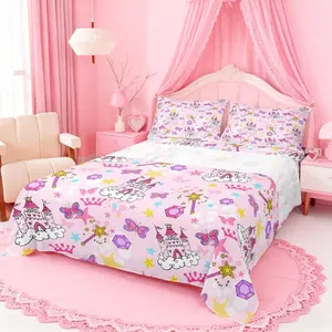 Princess Castle Bed Sheet,Watercolor Oil Paint Print Sheets Bed Set,Pink Bow Bedding Set Flat,Fitted Sheet,Pillow Cases