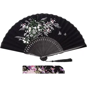 Black Fabric Folding Hand Fan with Tassel and Pouch – Elegant Foldable Handheld Fan for Women, Wedding Fans for Guests, Chinese and Japanese Style Asian Gift for Party, Dance & Home Decoration