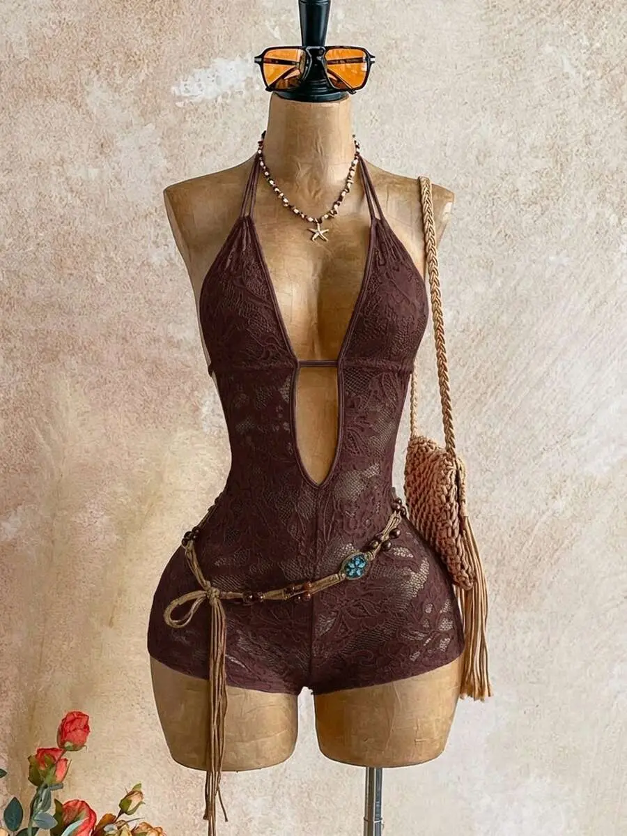 Women's Deep V-Neck Lace Sexy Halter Romper