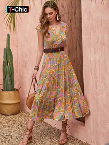 Women's Floral Print Ruffle Hem A Line Dress, Boho Printed Dress, Summer Clothes, Boho Bohemian Butterfly Sleeve V Neck Dress for Summer Beach Holiday Vacation