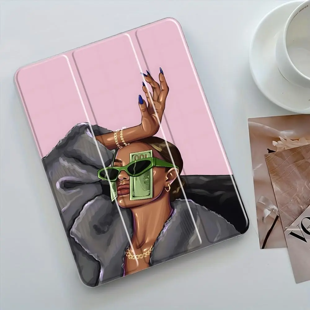 Money Girl Painting iPad Case, Tablet casing, Pink Aesthetic Protective Cover Auto Wake/sleep, Anti-Drop Scratch-Resistant, Transparent Acrylic Back, Fits iPad 7.9/8.3/10.2/10.5/10.9/11 inch, Shock-resistant Full Cover Ideal for Office, Tablet Accessories