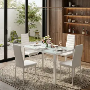 5 Pieces Modern Dining Table Set, Tempered Glass Dining Table for 4 Seater, High Back PU Leather Dining Chairs Combo, Home Furniture for Kitchen Dining Room Living Room