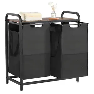 VEVOR 2 Section Laundry Sorter, Large Laundry Hamper with Metal Frame and Wooden Tabletop, Freestanding Storage Organizer Baskets with Pull-Out 600D Oxford Cloth Bags for Dirty Clothes, Bathroom