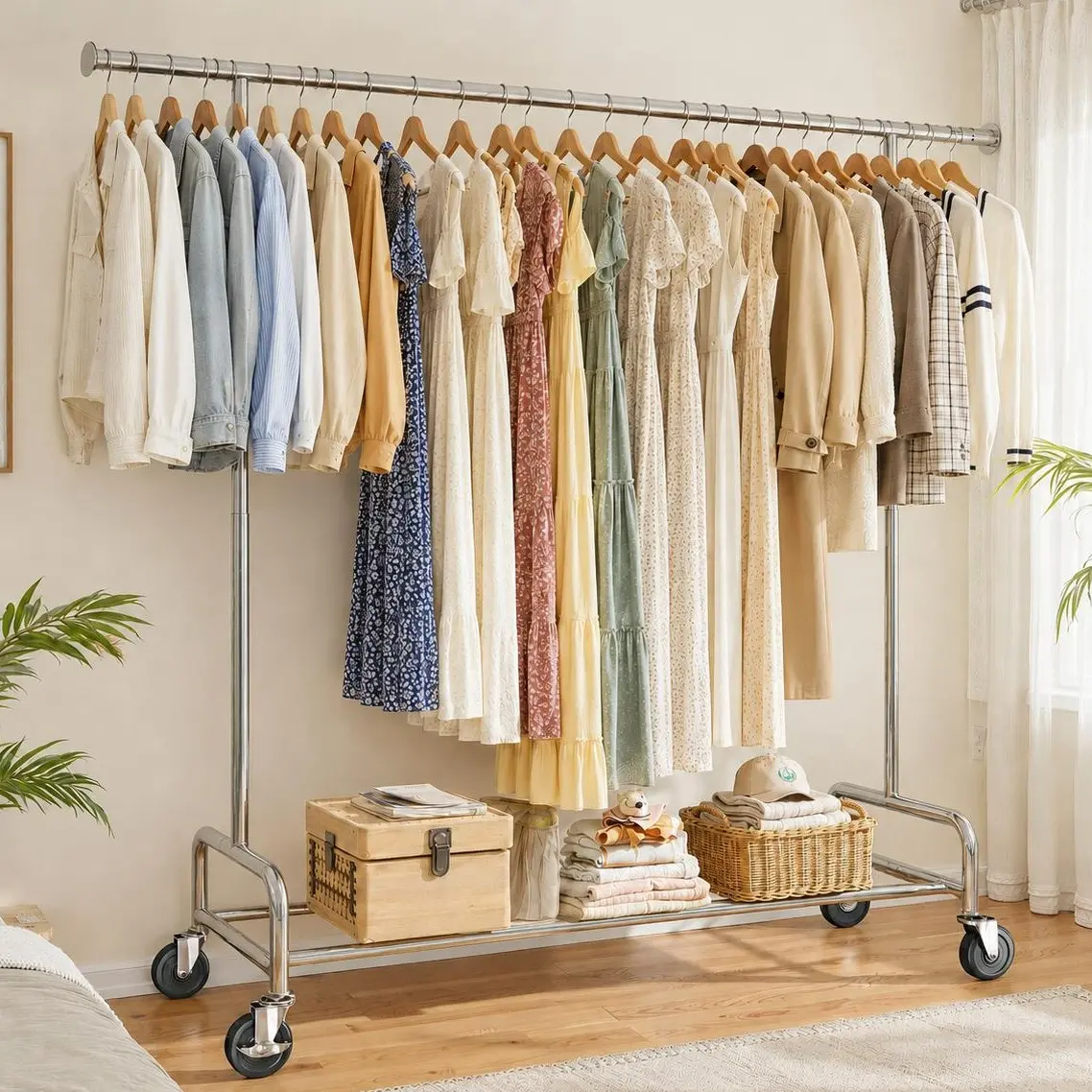 Raybee 75" Extendable & Height Adjustable Clothes Rack for Hanging Clothes with Lockable Wheels ,Heavy Duty Coat Rack,Clothing Racks Holds Up to 440LBS, Portable Rolling Garment Rack with 4 Hooks for Bedroom, Laundry Room, Commercial, Chrome