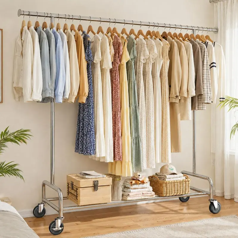 Raybee  75" Extendable & Height Adjustable Clothes Rack for Hanging Clothes with Lockable Wheels ,Heavy Duty Coat Rack,Clothing Racks Holds Up to 440LBS, Portable Rolling Garment Rack with 4 Hooks for  Bedroom, Laundry Room, Commercial, Chrome
