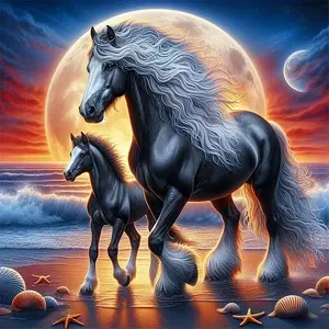 DIY 5D Diamond Painting Kit, Beach Sunset Horse Theme Seashells Mosaic Art, Perfect for Home Wall Decor and Unique Gift Idea