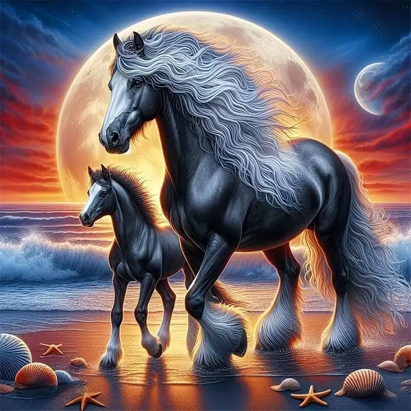 DIY 5D Diamond Painting Kit, Crafts Beach Sunset Horse Theme Seashells Mosaic Art, Perfect for Home Wall Decor and Unique Gift Idea