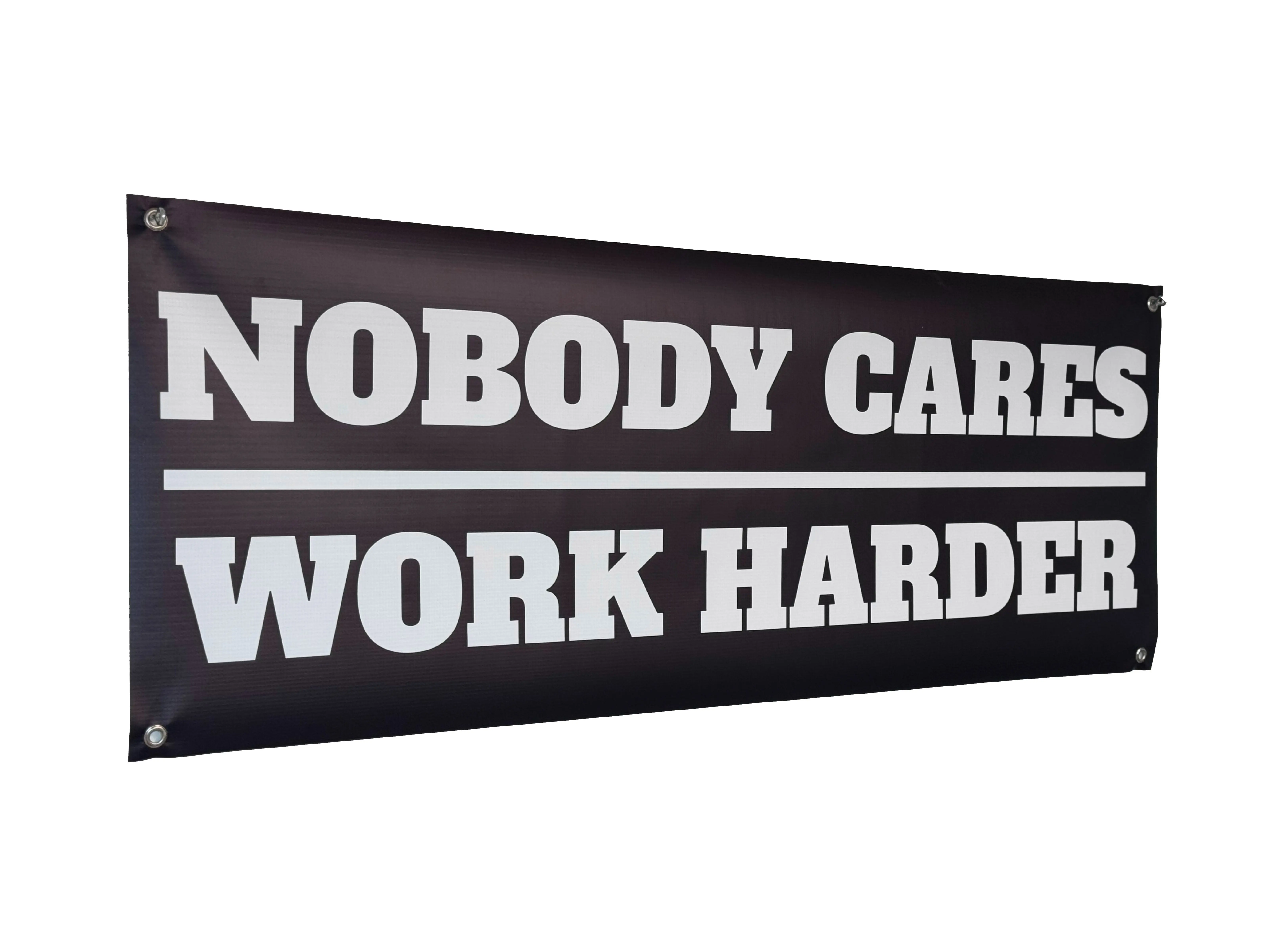 NOBODY CARES WORK HARDER Banner - 48 x 21 Inch Motivational Wall Decor - Durable 13oz UV Printed Vinyl with 4 Corner Grommets - Gym Office Garage Workout Poster Style Banner - Bold Sturdy Indoor Outdoor Sign" Hanging Banner