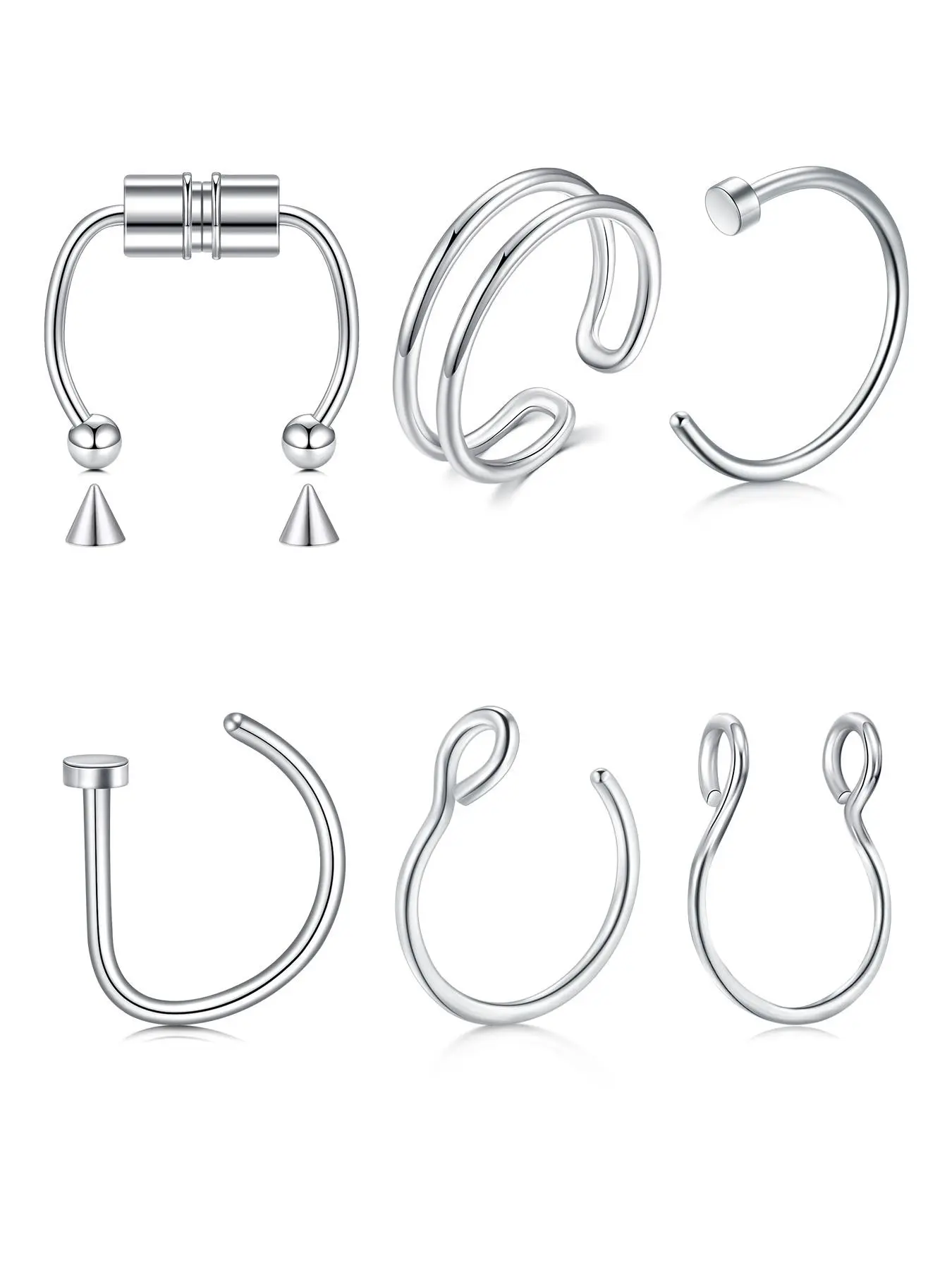 6pcs Fake Nose Ring Set, Nose Piercing Body Jewelry for Women & Men, Clip-On Faux Nose Piercings, Non-Piercing Septum Cuffs, Stylish Lip Rings Accessory, Body Jewellery