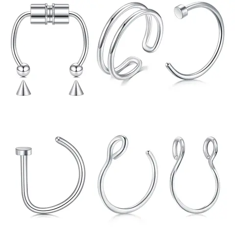 6pcs Fake Nose Ring Set, Nose Piercing Body Jewelry for Women & Men, Clip-On Faux Nose Piercings, Non-Piercing Septum Cuffs, Stylish Lip Rings Accessory, Body Jewellery