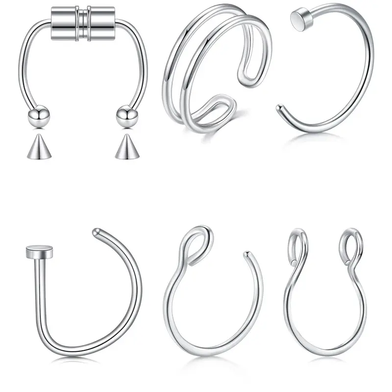 6pcs Fake Nose Ring Set, Nose Piercing Body Jewelry for Women & Men, Clip-On Faux Nose Piercings, Non-Piercing Septum Cuffs, Stylish Lip Rings Accessory, Body Jewellery