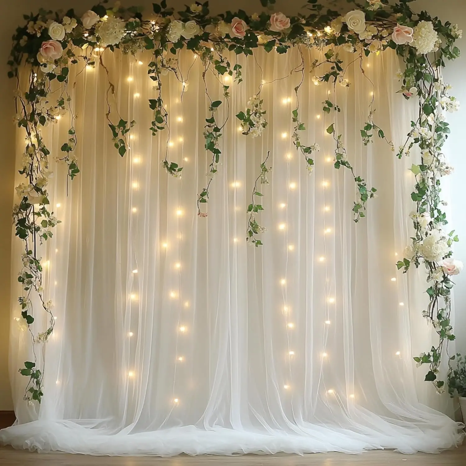 10x10ft White Tulle Backdrop Curtain with String Lights, Wrinkle-Free Sheer Wedding Backdrop for Birthday Parties, Baby Showers, Bridal Showers, Photo Shoots and Home Decorations, White