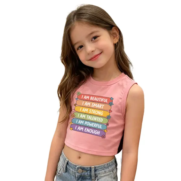 Kid-Friendly Girls' Vests, Summer Fashion Sleeveless Top with "I Am Beautiful..." Letter Design, Soft Breathable Fabric, Versatile Casual Daily Wear