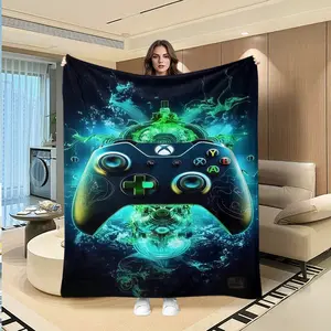 Cyberpunk Style Game Controller Light Effect Flannel Blanket, Soft Skin-Friendly Gaming Sofa Nap Blanket, Bedroom Decor Warm Blanket