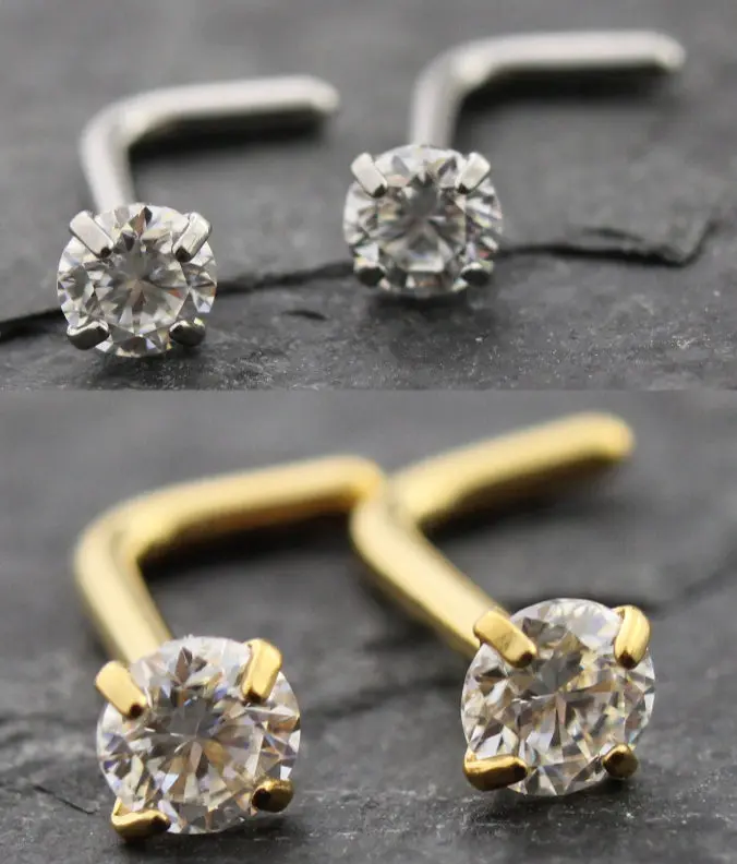 Pair Moissanite Prong Set Nose Rings Implant Grade L Shape Silver/Gold PVD