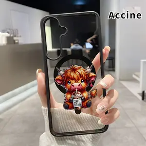 Magnetic Soft Case Compatible With Samsung Galaxy S23 Ultra S24 Plus FE S25 S22+ Calf's Coffee Wish Pattern Anti-Yellowing Shockproof ultra-thin Silicone Crystal Transparent Acrylic Cover Supports Wireless Charging