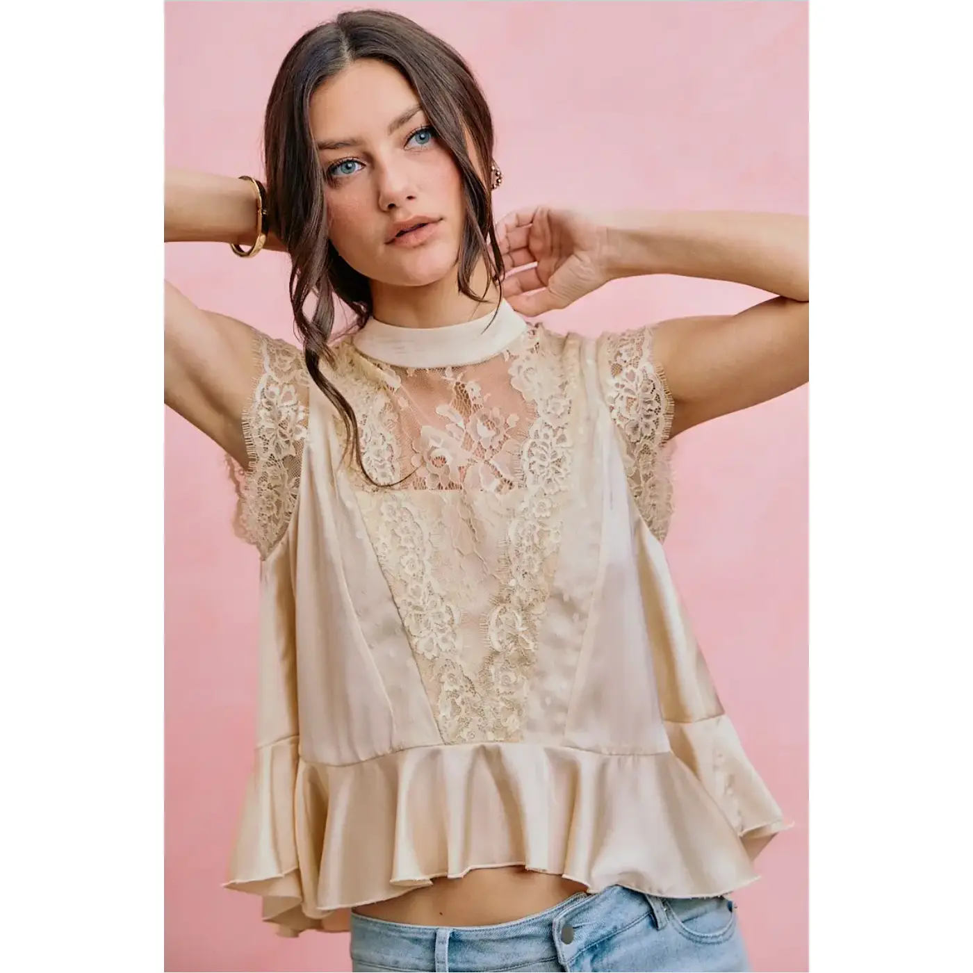 Sweetly Satin Peplum Mock Neck Top
