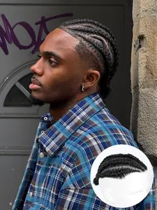 Men's Cornrow Braided Hair Topper for Thinning  Crown- Constructed with Human Hair on a V-Looped, Ultra-Thin and Breathable PU Skin Base. Delivers Full, Realistic Coverage for a Receding Hairline, Designed for Comfortable Long-Term Wear.