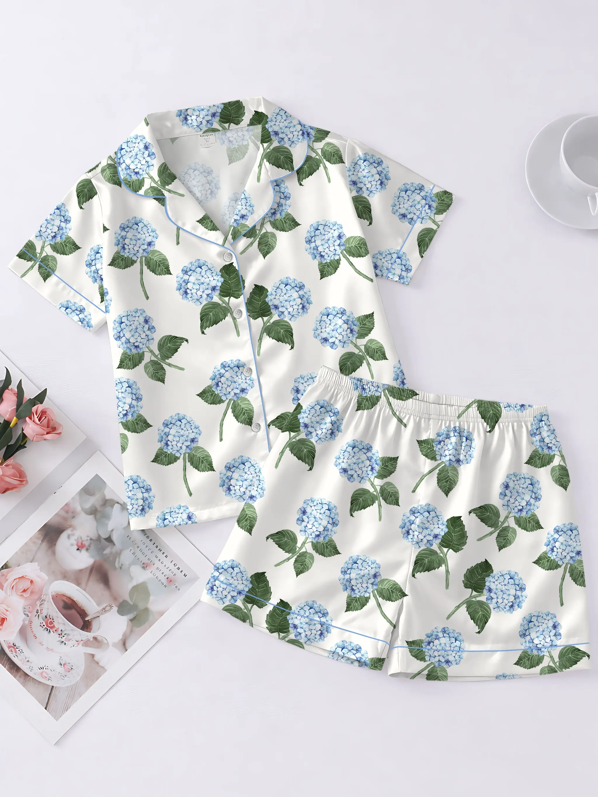Women’s Hydrangea Bloom Blue Hydrangea Watercolor Flower Short Sleeve Satin Pajama Set, Long Sleeve Satin Pajama Set