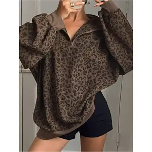 Women's casual leopard print zipper hoodie - long sleeved, loose fit, half zipper design, retro brown and black style, suitable for spring/autumnRAIMENTRY