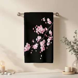 1Pc Artistic Cherry Blossom Branch on Black Bathroom Hand Towel Bath Towel, Multiple Size Microfiber Towel, Ultra-Soft Quick Dry and Absorbent Polyester Large Bath Towel, Unique Home Decorative Kitchen Towels, Festi