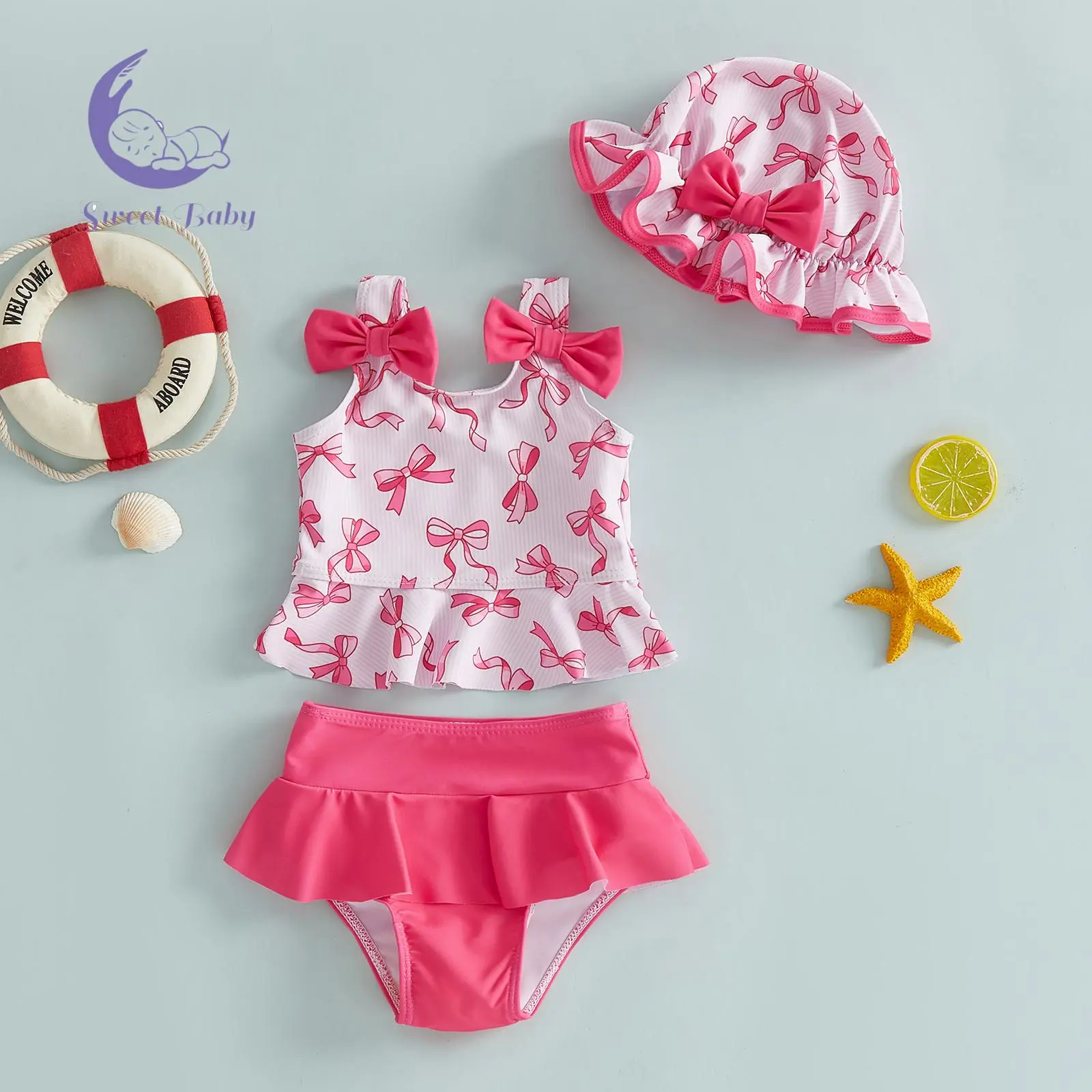 Toddler Girls 3-Piece Swimsuit Set - Sleeveless Bow Print Tank Top, PP Shorts, Hat, Swimsuit with Shorts for Summer, Toddler Girls Swimsuit