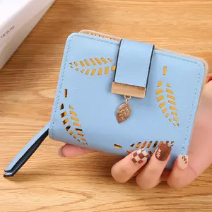 Leaf Short Wallet for Women Korean Style Hollowed Out Fashion Trend Change Zipper Card Bag PUCortical Embossed Leather Daily Matching