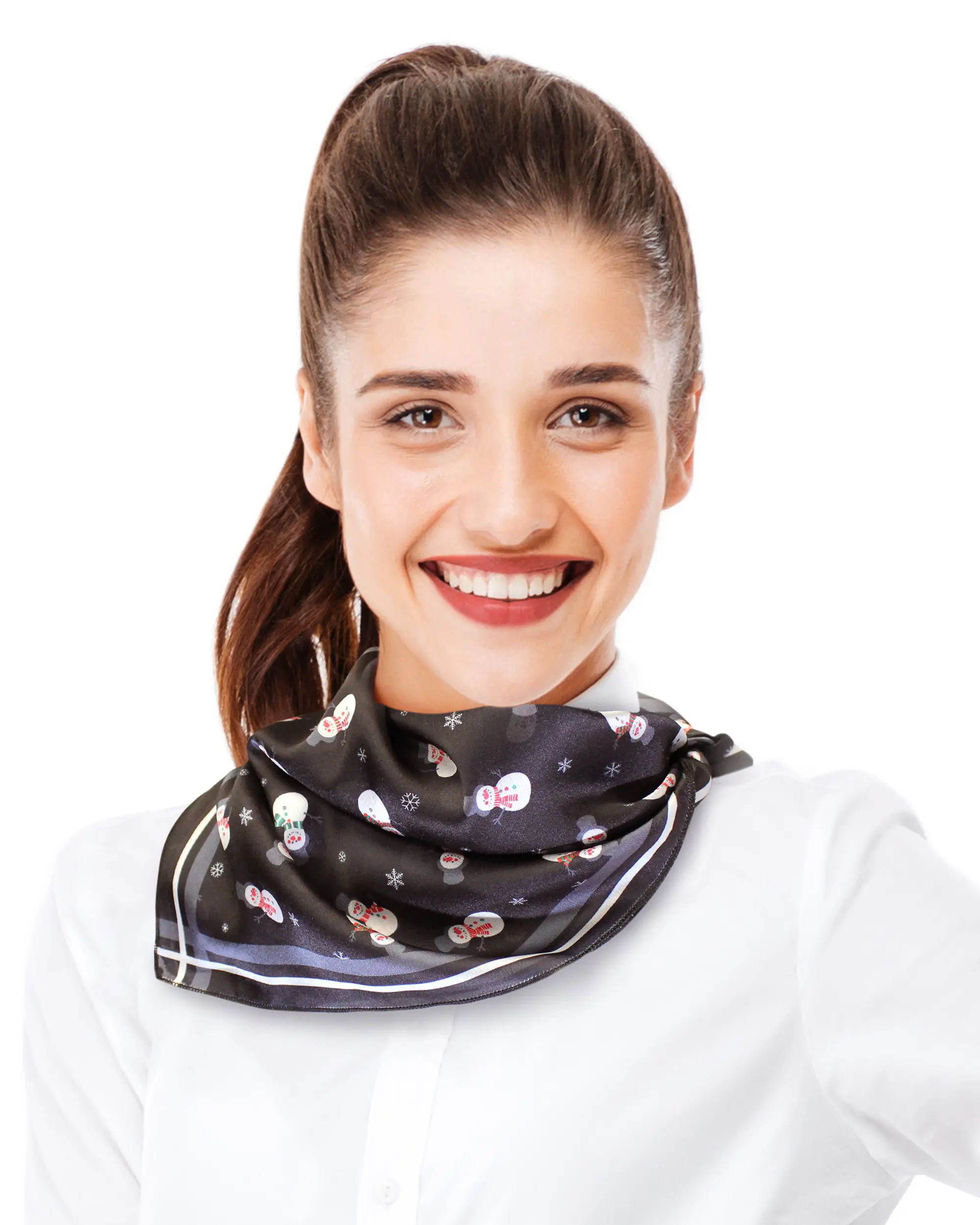 CBC Crown Women's 21in Polyester Silk-Feeling Neckerchief Scarf, Lightweight Black Christmas Snowman Print Winter Fashion Accessory, Soft Durable Hand Washable Basic Casual Daily Accessory, Female, Soft And Durable, Hand Wash, Fun Snowman Pattern