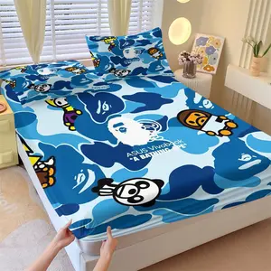 BAPE Asus Vivobook Blue Camo Fitted Sheet Set with 2 Coreless Pillowcases, Classic Blue Camo with Cartoon Apes, Pandas, Soft Non-Slip Wrinkle-Resistant Bedding, Tech Trendy Bedroom Decor Gift for Fans, Bed Sheet Sets