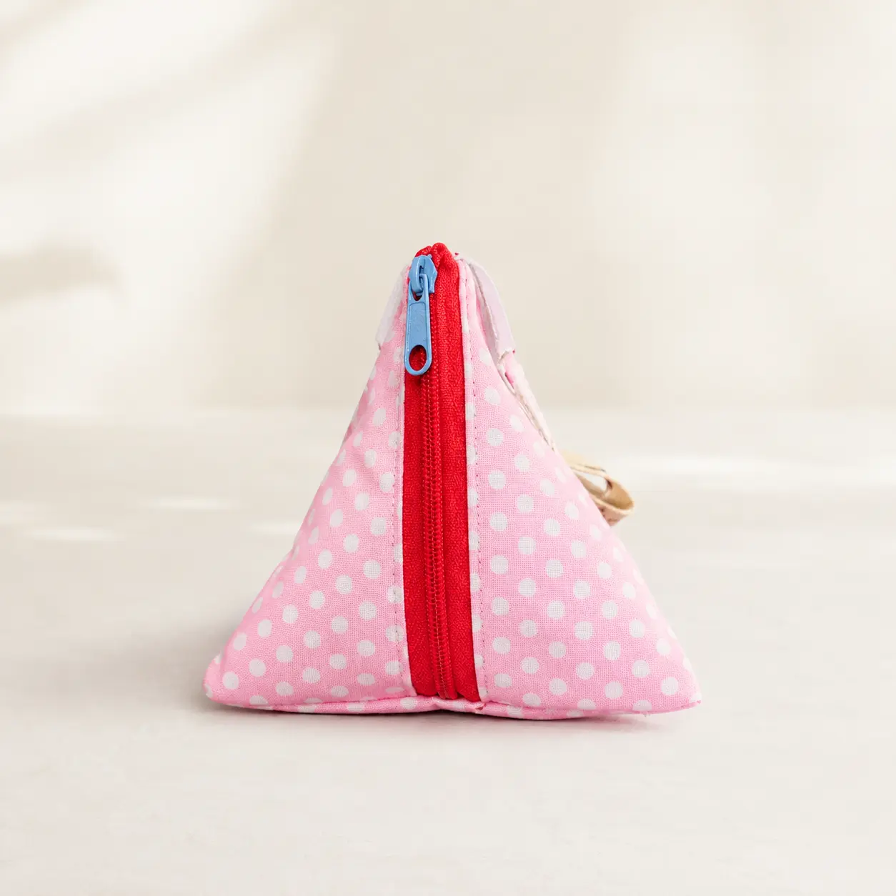 Handmade Triangle Zipper Pouch – Pink Polka Dot / Blue Zipper