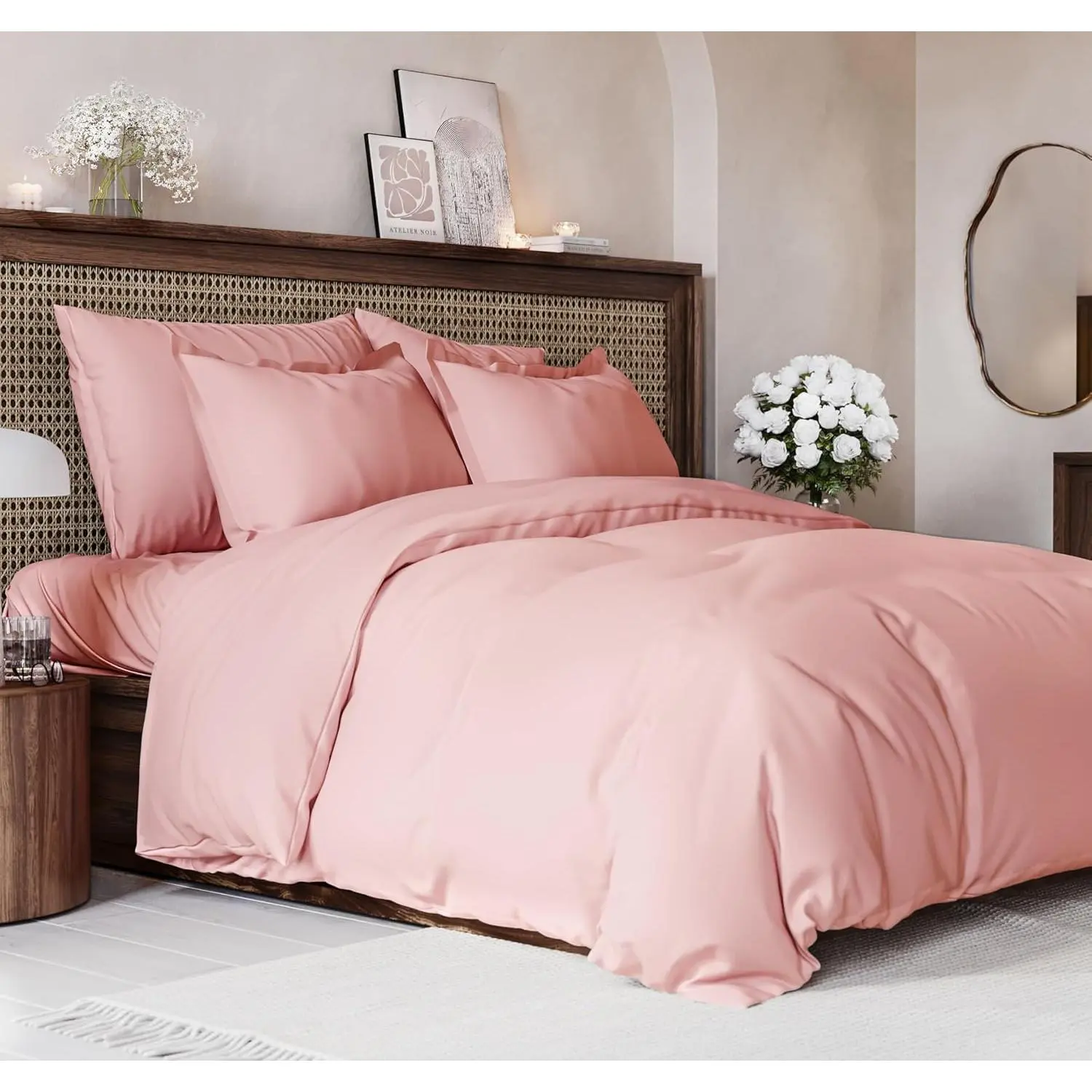 Modern Queen Size 3-Piece Duvet Cover Set with 2 Pillow Shams - Extra Large 90x90in, Double Brushed Plush Fabric, Comfy, Easy Care, Fade-Free, Tie Closures (Pink)