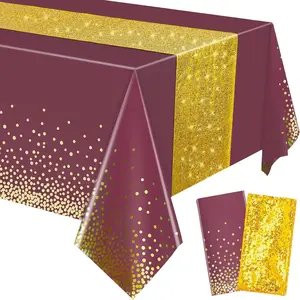 2 Pcs Maroon and Gold Tablecloth and Sequin Table Runner Set Polka Dots Confetti Table Cover Dining Plastic Tablecloths Glitter Decorations for Birthday Wedding Anniversary Party Supplies