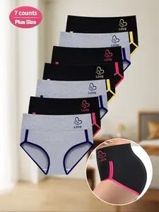 【Plus Size】Butterfly & Letter Print Contrast Binding Panty, Soft Comfy Breathable Knicker for Daily Wear, Women's Underwear for All Seasons