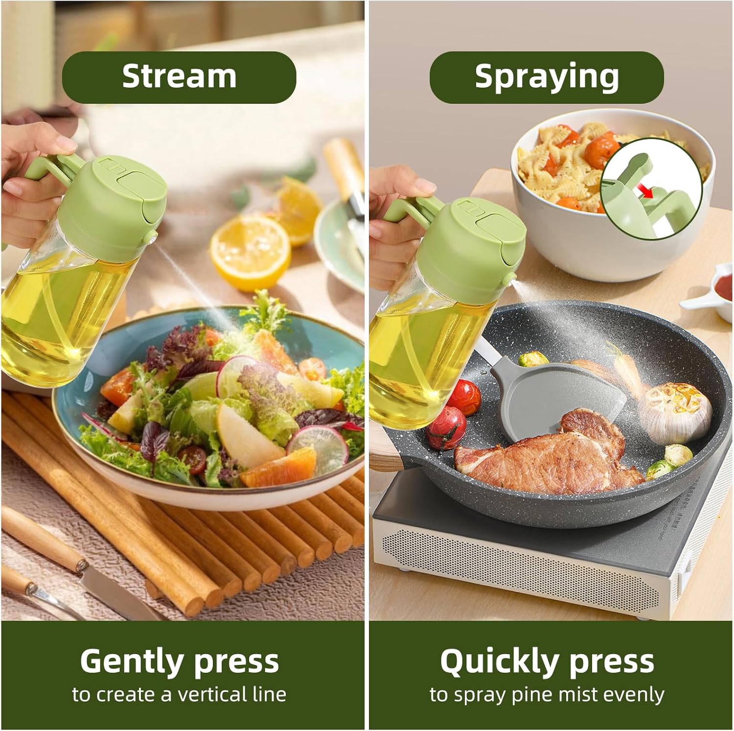 3 Piece Glass Oil Bottle Set Spray Pour Dual Function Gravity Auto Open Close Drip Proof Oil Proof 3D Wide Angle Spray Precise Control White Black Green Kitchen Tools