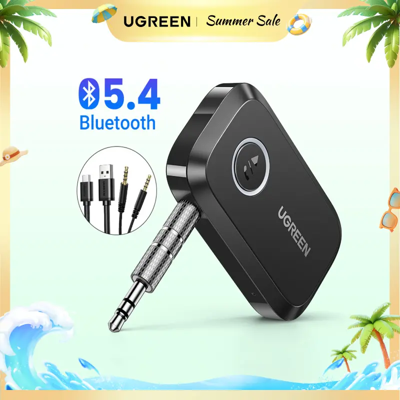 UGREEN Bluetooth 5.4 Car Adapter, Hands-Free Call & Noise Cancelling AUX to Bluetooth Adapter for Car, 3.5mm Audio Blue-Tooth Receiver for Cars Stereo Home Speaker - 15H Battery Life ,Summer Sale