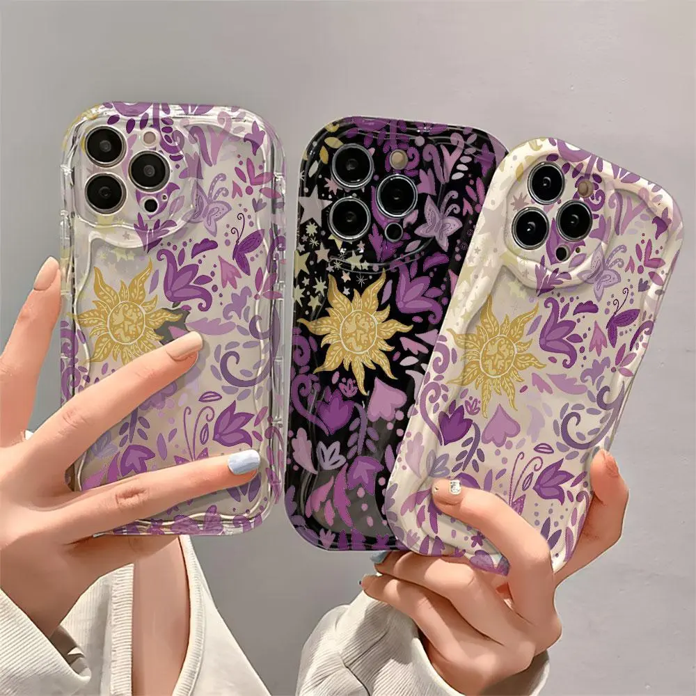 Aesthetic Golden Fairy Garden Smartphone Case for iPhone 17 Pro Max, 16, 15, 14, 13, 12, 11, X Series - Princess Core Celestial Sun Wavy, Whimsical Purple Floral Creamy Soft Shockproof Cover