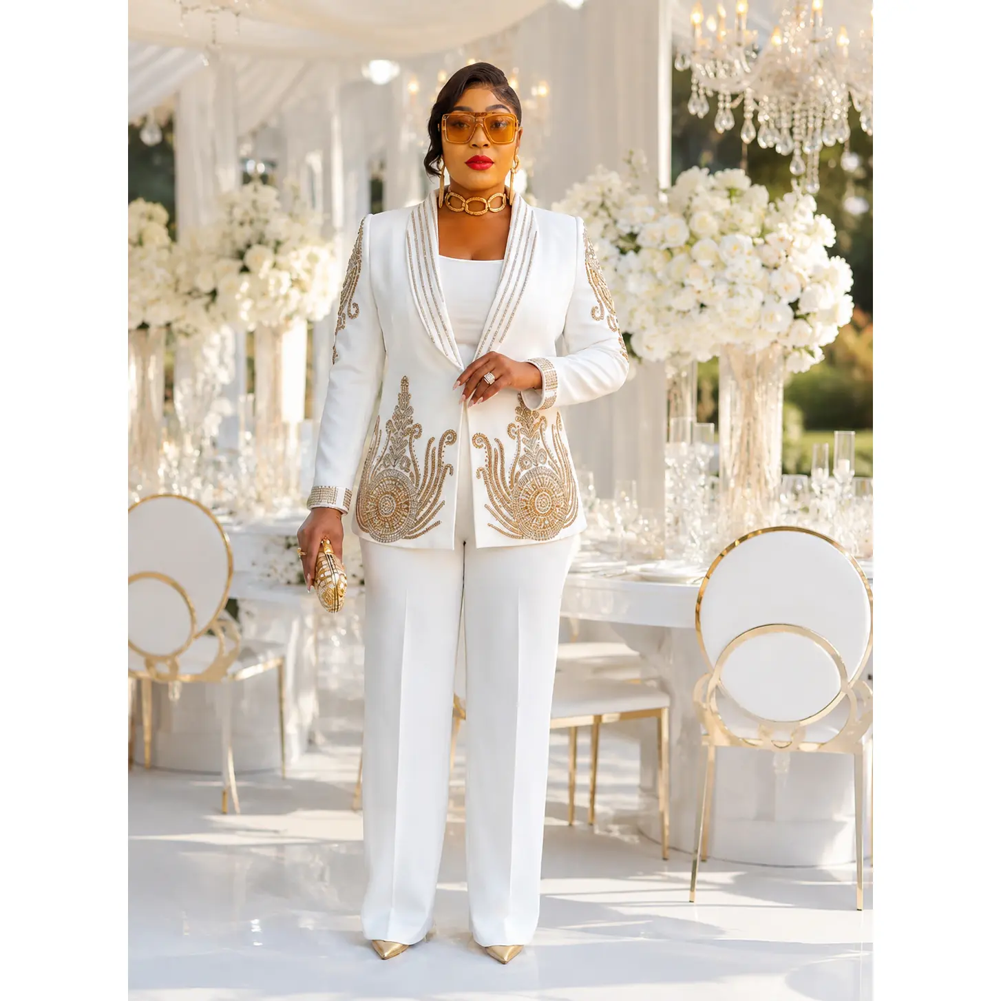 Luxury White Embellished Pant 2-Piece Suit Set Rhinestone Blazer & Wide Leg Trousers Wedding Guest Mother of the Bride Church Anniversary Graduation Special Occasion Outfit