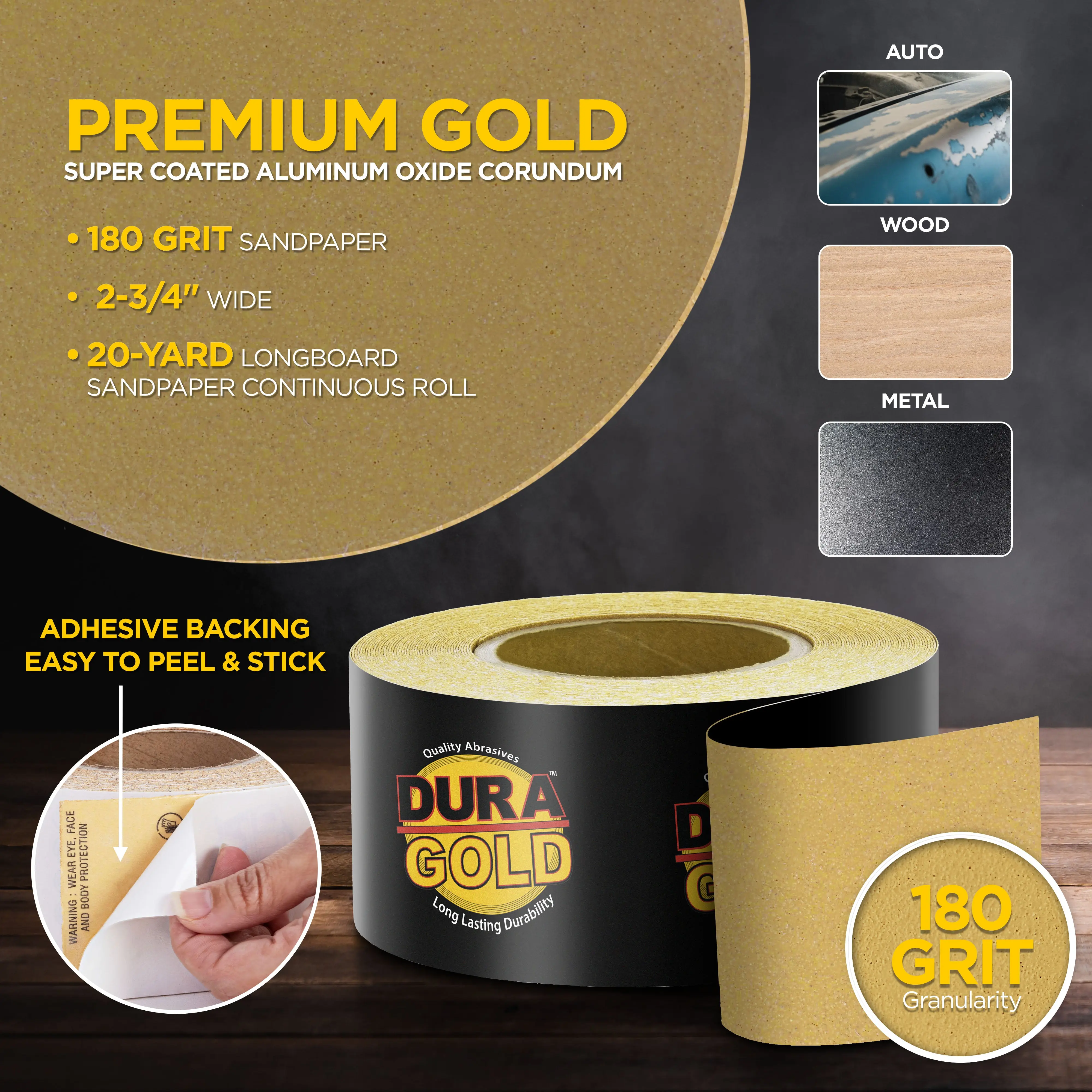 180 Grit Gold - Longboard Continuous Roll PSA Stickyback Self Adhesive Sandpaper 20 Yards Long by 2-3/4" Wide