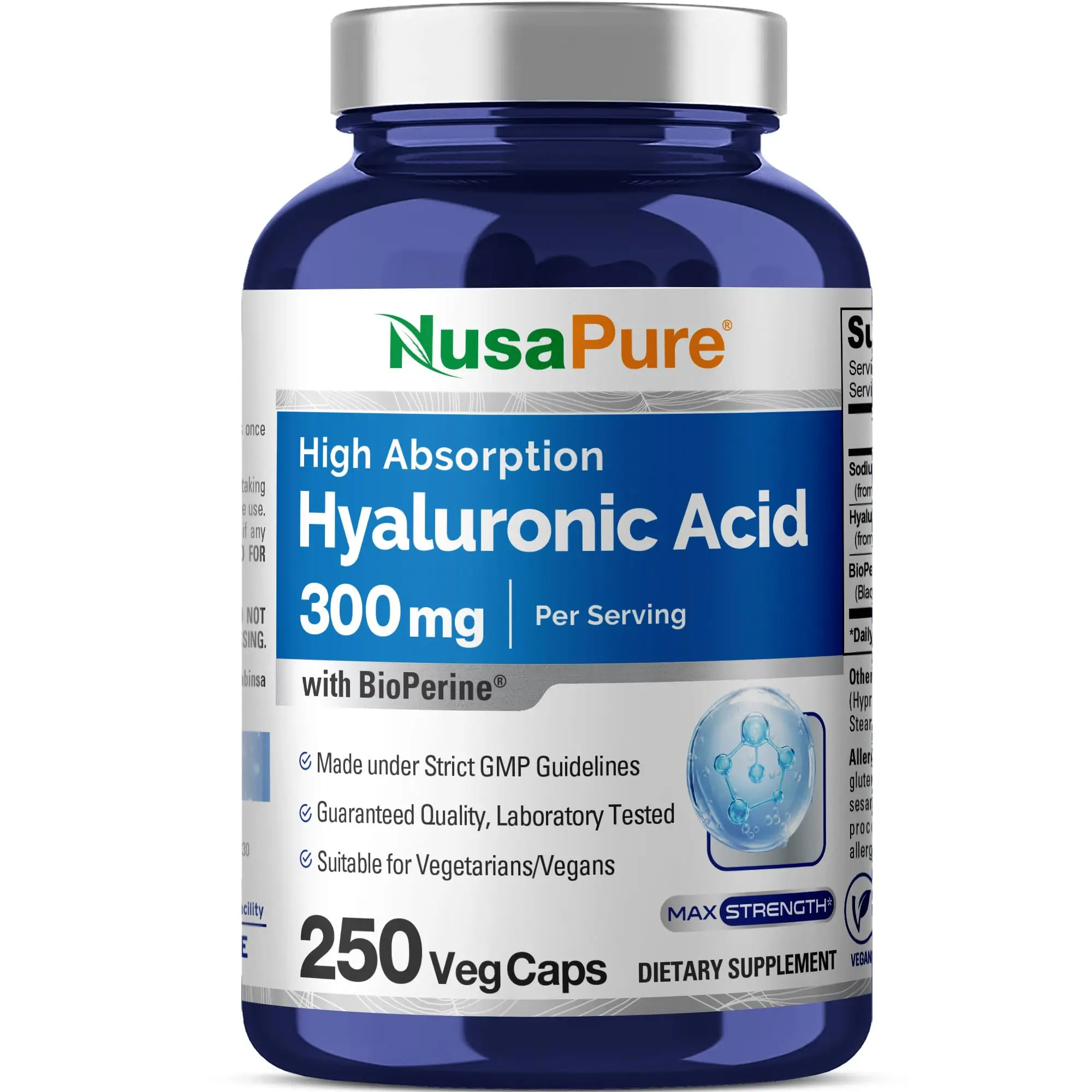 NusaPure Hyaluronic Acid Vitamins, Minerals & Wellness Supplements (300mg, 250 Veggie Capsules, Non-GMO, Vegan) - Eye Health, Vision Support, Vision Performance, Skin Health Supplements, Eye Health Vitamins Supplements