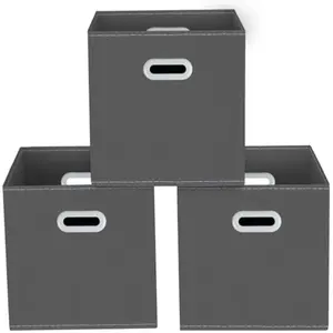 Yunkeeeper storage bins Cubes, Fabric Cube Organizer with Handle, Foldable Cube Bins for Cloth or Accessary Storage, 11x11x11, Set of 3,(Gray)