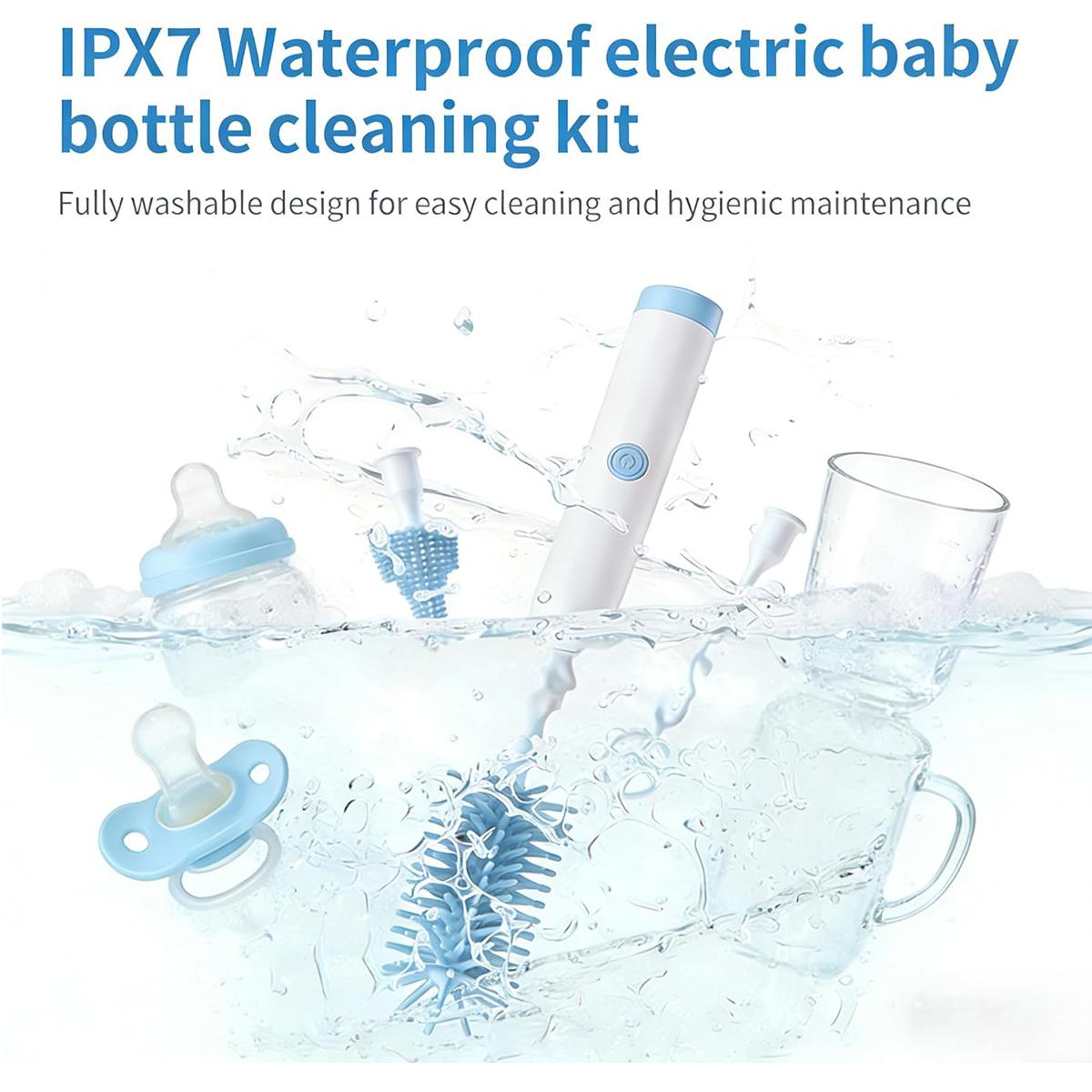 Rechargeable Electric Baby Bottle Brush Set, Waterproof Cleaner with Dual Modes, Comes with Nipple Straw Brush and Drying Rack