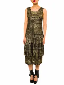 1920S Black & Gold Lamé  Egyptian Pattern Dropped Waist Cocktail Dress