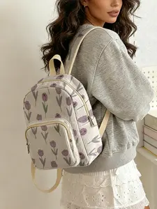 1 piece of purple tulip pattern 2D printed lady's backpack, velvet texture + layered storage + light weight reduction | perfect for students to go to class/shopping/short trips | combines atmosphere with practicality