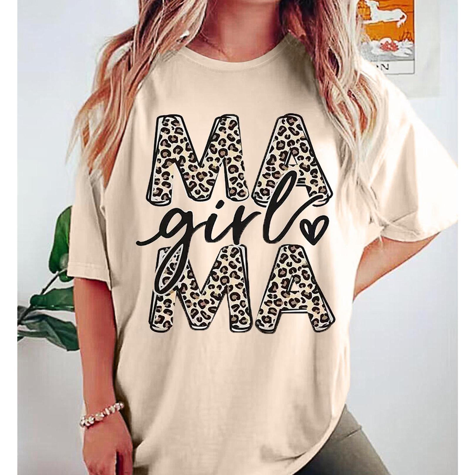Mama Girl Print T-Shirt, Mother's Day Shirt For Mom, Mama Leopard Print Tee, Casual Crew Neck Short Sleeve Top, Women's Clothing