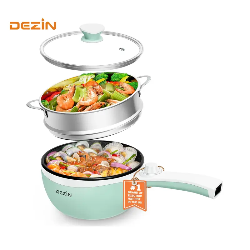 Dezin Electric Hot Pot Non-Stick Sauté Pan with Power Adjustment, Boil Dry Guard, Egg Rack & Max 600W, Ideal for Dorm Users (Ramen, Steak), Kitchen Appliances for Stir Fry, Steam (200W & Above)