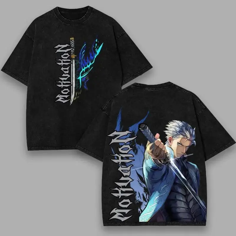 Mens Devil May Cry Vergil The Alpha and Omega King Graphic Short-Sleeve Vintage Casual Top, Menswear Streetwear T-Shirt