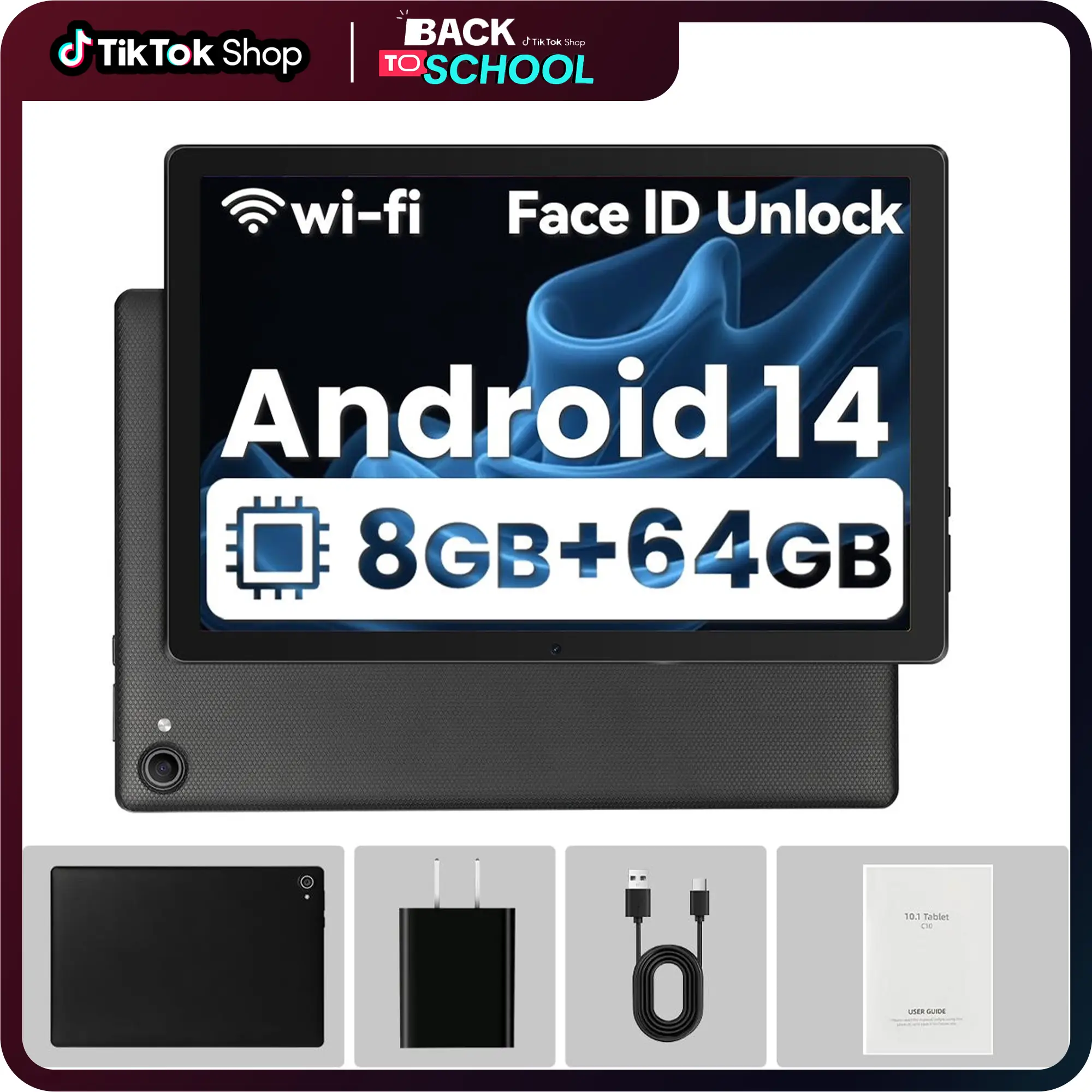 TikTokShopBacktoSchool AEEZO 10.1inch Android 14 Tablet 8GB RAM+64GB ROM (Expandable up to 1TB), WiFi , Fast Charging, 5MP+8MP Dual Camera, Wi-Fi, Wid