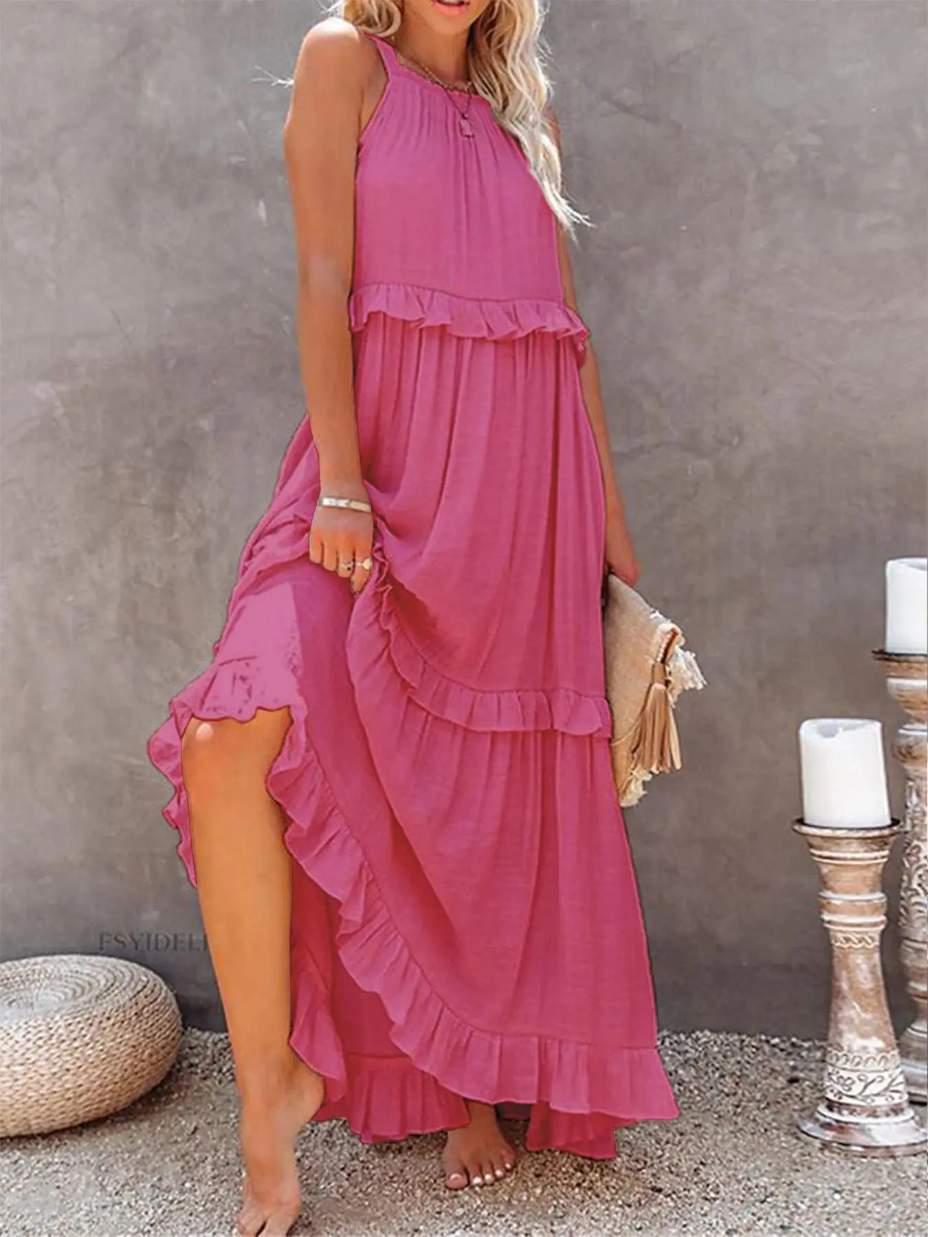 Women's Maxi Dress with Ruffle Hem, Loose Fit Basic Casual Summer Dress,  Plain Pattern, All Seasons Wear, Vacation Style, Womenswear - TikTok Shop